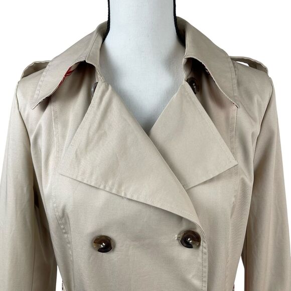 IMAN Women's Trench Coat Medium Beige Cotton Belted Double Breasted Plaid Trim - Picture 2 of 13
